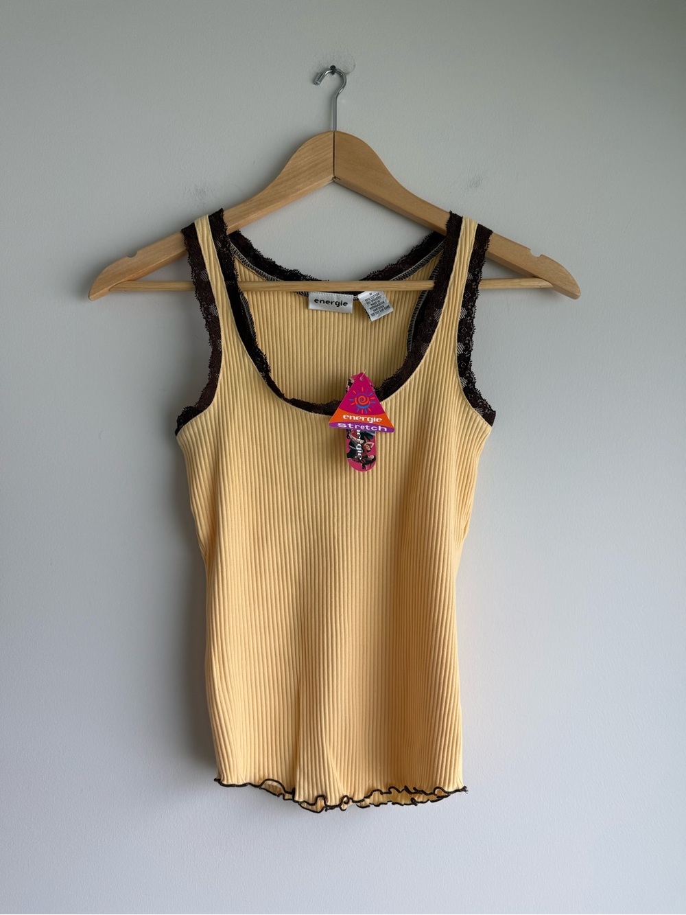 Energie Y2K Ribbed Lace Trim Tank Top Butter Yellow Medium